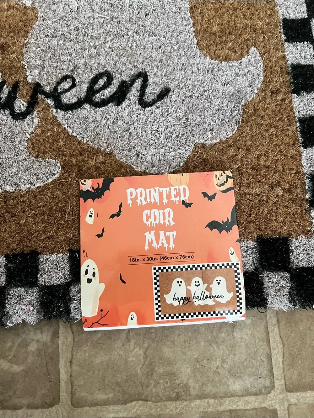 Happy Halloween Checkered Ghost Printed Coir Doormat - Black, White, Brown